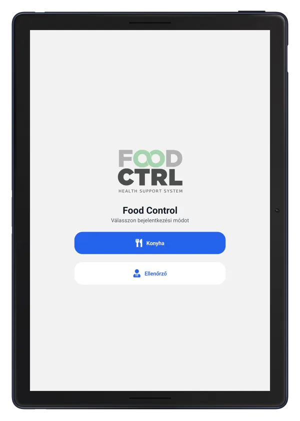FoodCTRL alkalmazás tableten – bejelentkezési képernyő